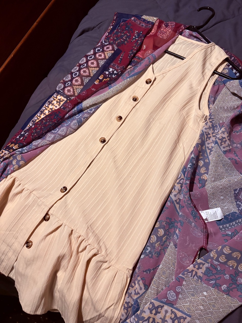 2pc Boho Set Size S | Cream Button Front Tiered Dress & Paisley Kimono